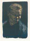 KÄTHE KOLLWITZ Brustbild einer Arbeiterfrau mit blauem Tuch.
